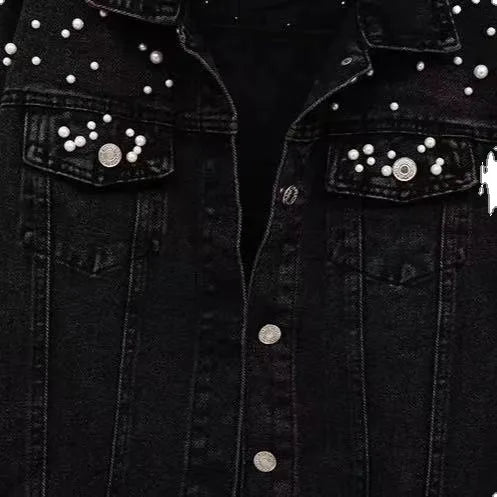 Jaqueta feminina Casual De inverno Jeans Com Pérolas Gola Curta - Promoção de Inverno 2025